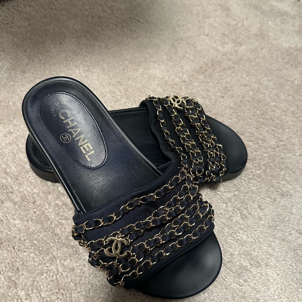 Chanel Black and Gold Chain Sandals
